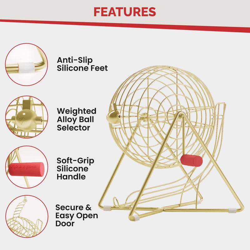 MR CHIPS 11" (Inch) Tall Professional Bingo Set with Steel Cage, Everlasting 7/8â€ Balls, Master Board for Balls - Luxury Gold Color - Image 3